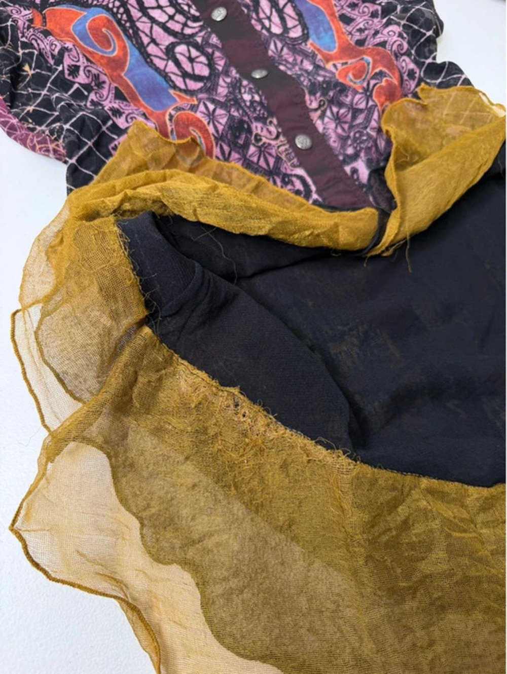 Save the Queen Vintage Gothic Stained Glass Patchwork Shirt Y2K Mesh Ruffle Hem - Picture 9 of 10